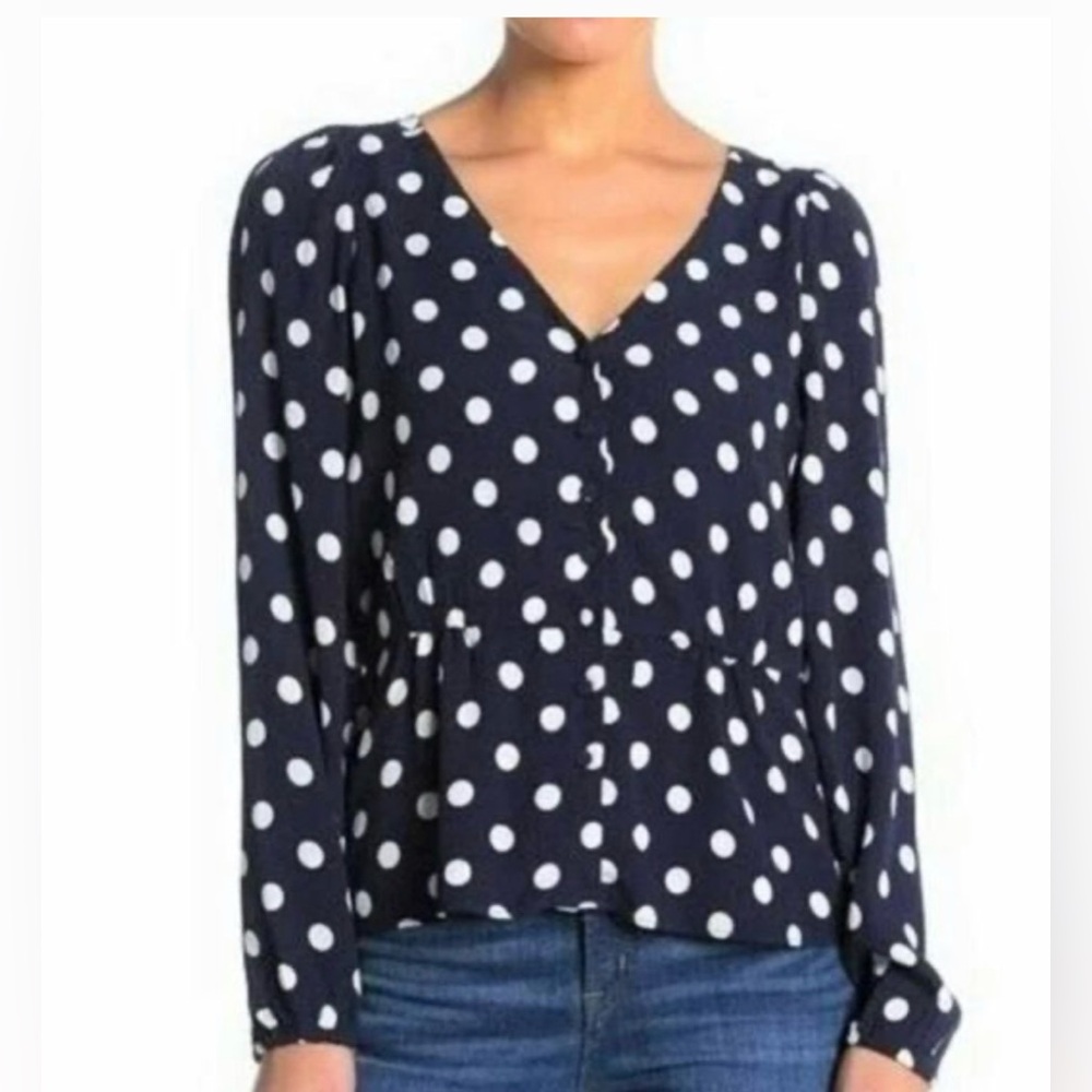 J. Crew Women’s Navy Blue & White Polka Dot Crepe Peplum Blouse – Size 14